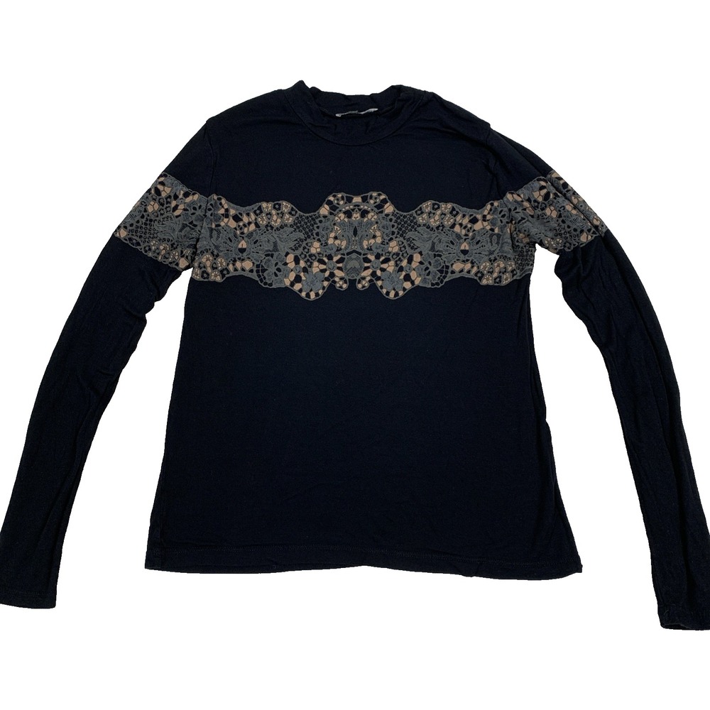 Zara Black Long Sleeve Mock Neck Top Guipure Lace Panel Women Small